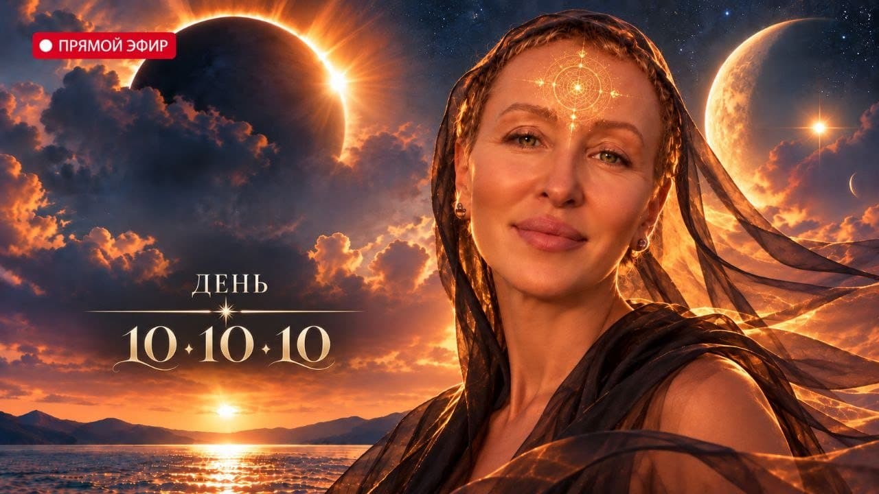 Вселена на фоне затмения и заката, надпись «День 10·10·10»