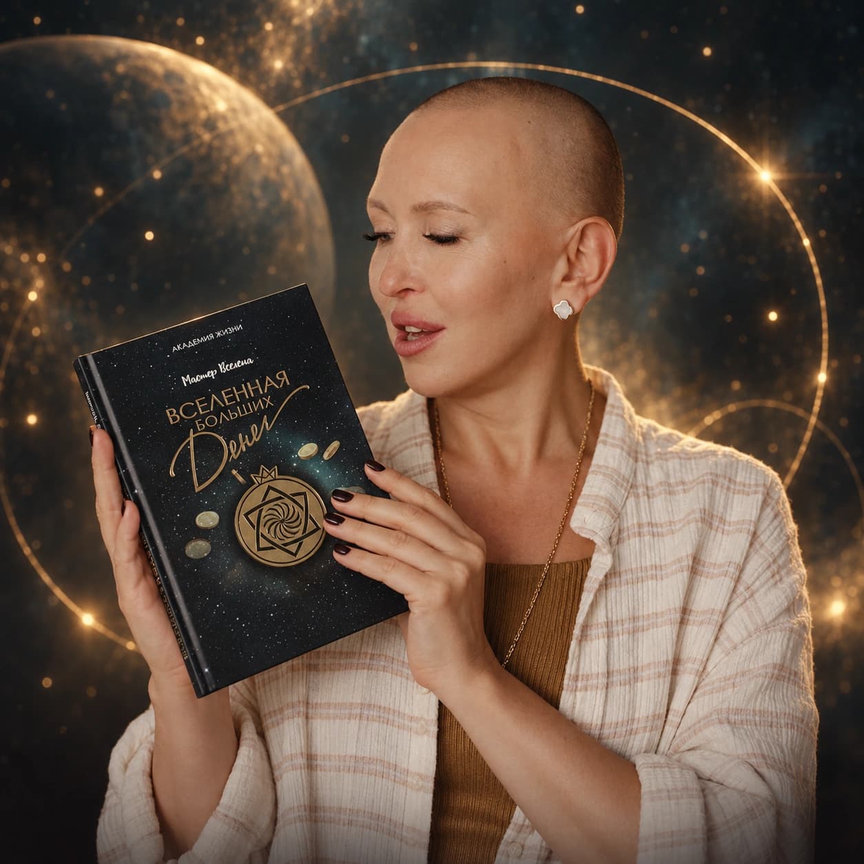 Вселена с книгой «Вселенная больших денег» среди золотых орбит и звёзд